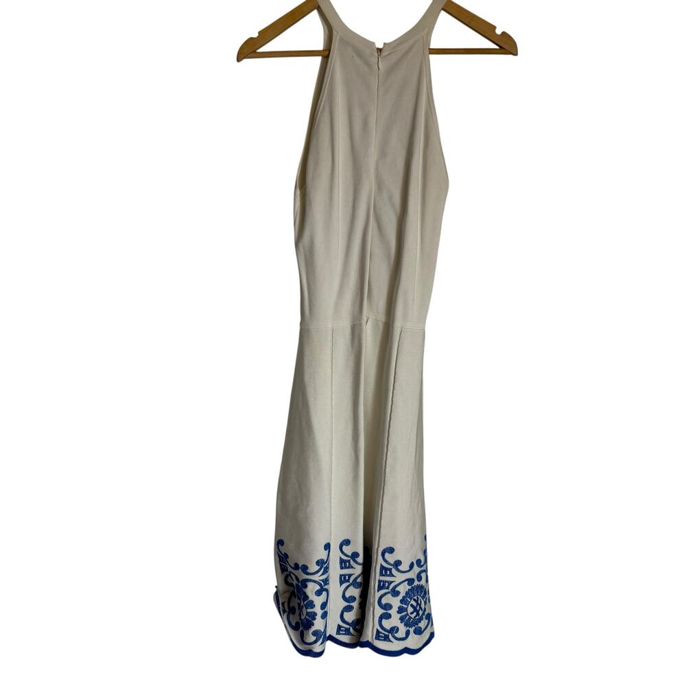 Parker Cheryl White Blue Embroidery Knit Halter Fit & Flare Preppy Coastal Dress - Picture 12 of 16